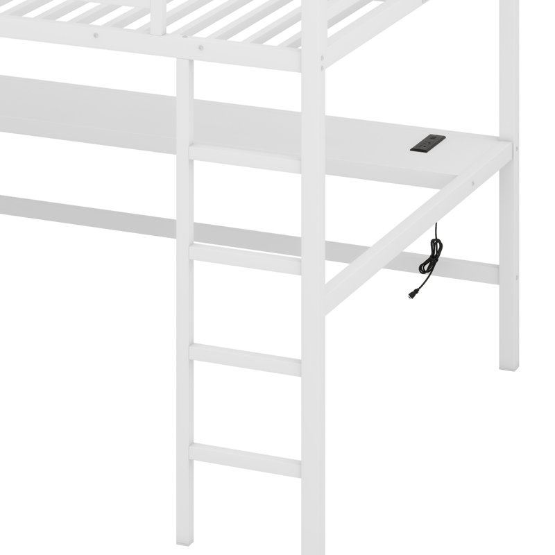 Lit mezzanine en métal avec prise de courant et éclairage à DEL, peu encombrant, Blanc