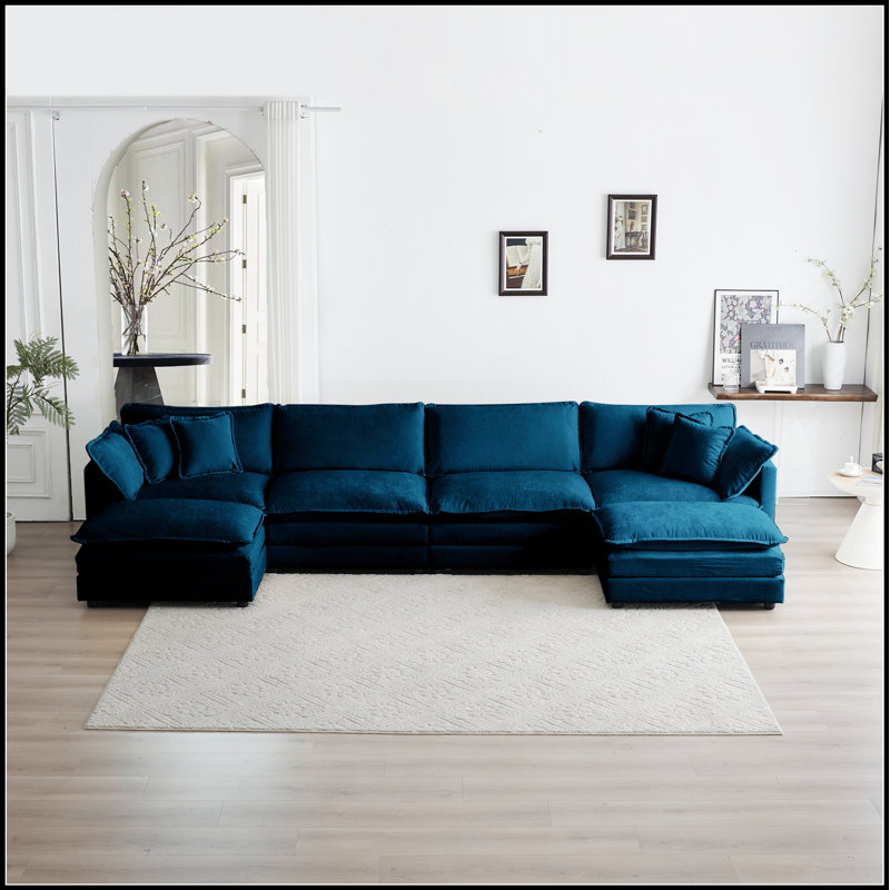 Canapé confortable en forme de U avec méridienne réversible, conception modulaire, grand repose-pieds double et tissu bleu doux