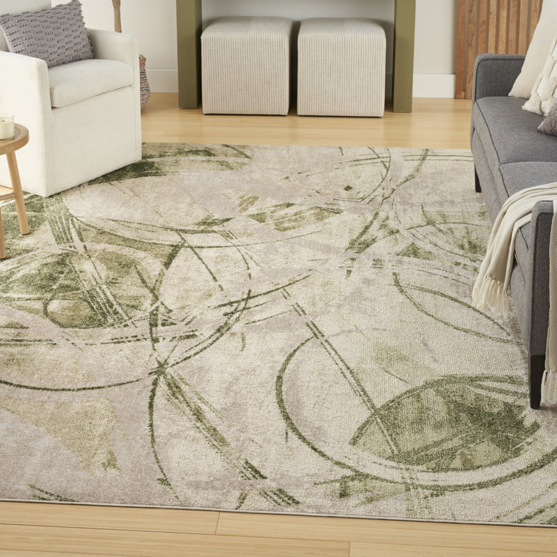 Astra Machine Washable Beige Green Modern Indoor Rug, Rectangle 6'7" x 9'