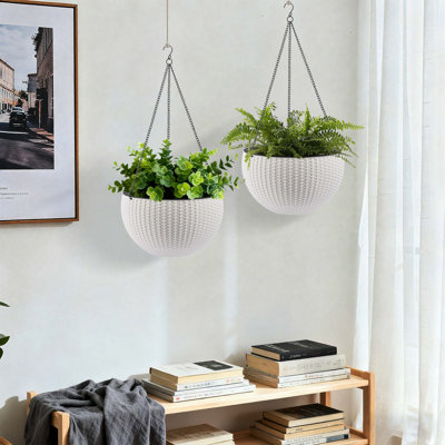 Jardinière suspendue de 13,4 pouces inspirée du rotin, grande capacité, résistante à la pourriture des racines avec indicateur de niveau d'eau, double usage pour la décoration intérieure et le balcon (paquet de 2, blanc)