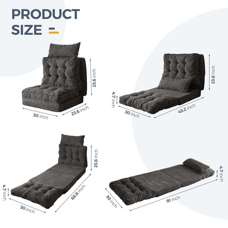 Canapé-lit Corduroy, H 4,7 po x l 30 po x P 91 po, Velours côtelé gris