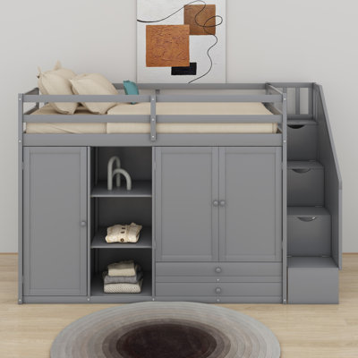 Twin Size Functional Loft Bed With 3 Shelves,Storage Staircase,2 Wardrobes And 2 Drawers by Latitude Run
