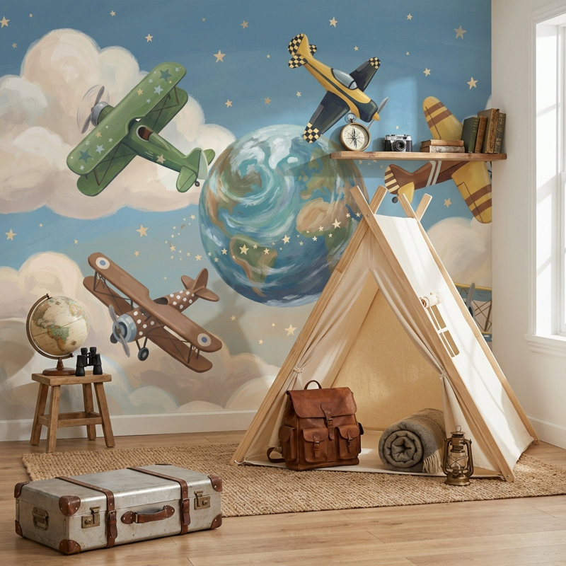 Papier peint d'avions, fresque murale fantaisiste sur le thème de l'aventure, 120"x96", Peel and Stick