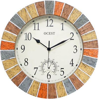 13 Inch Indoor Outdoor Clock Waterproof with Thermometer, Weather-Resistant Non-Ticking Battery Operated Decor Clock for Patio, Pool, Lanai, Fence, Porch, Garden