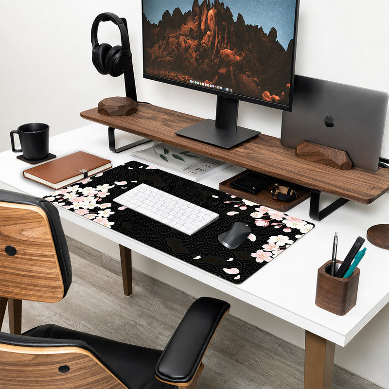  Rubber Mouse Pad, Smooth Microfiber Surface, Non-Slip Base, Rounded Edge Decorative Mouse Mat for Office & Gaming,12×32 Inch ,Pink Cherry Blossom Wave