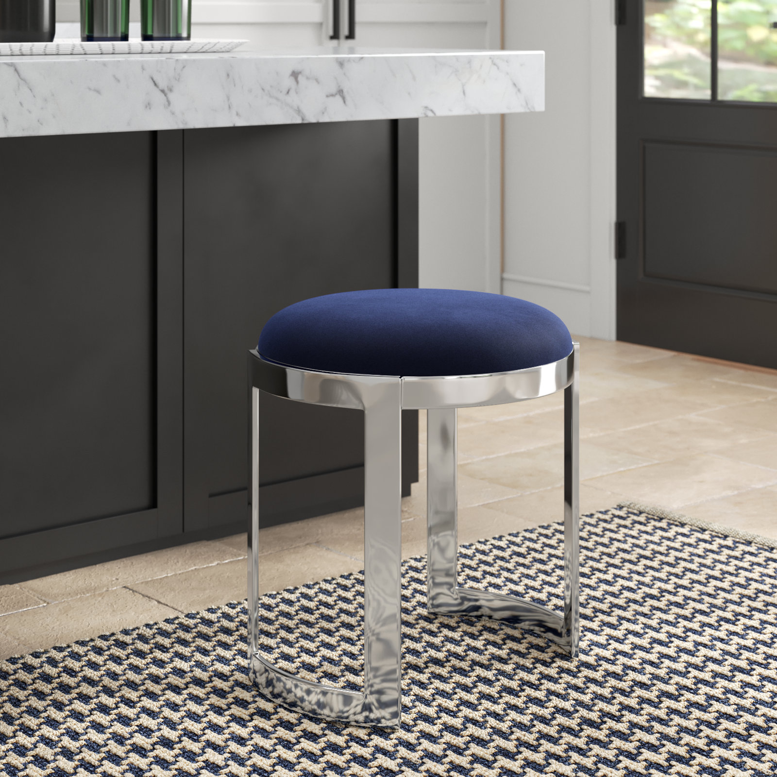 Nouri Velvet Vanity Stool, Navy Velvet, Silver