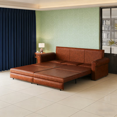 Chesterfield Sofa,93.7" King Pull Out Sofa Bed,3-In-1 Faux Leather Convertible Sleeper Sofa With Nailhead Trim & Rolled Arm,Multi-Functional Sofa Bed For Living Room