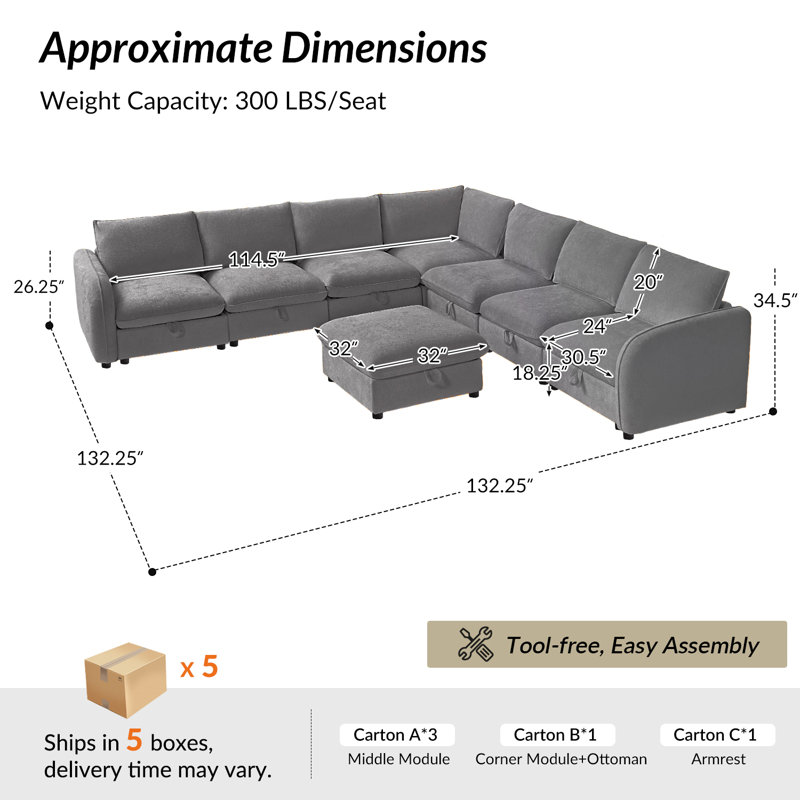 Canapé modulaire de rangement moderne Terencio de 132 po avec assemblage sans tracas , Gris
