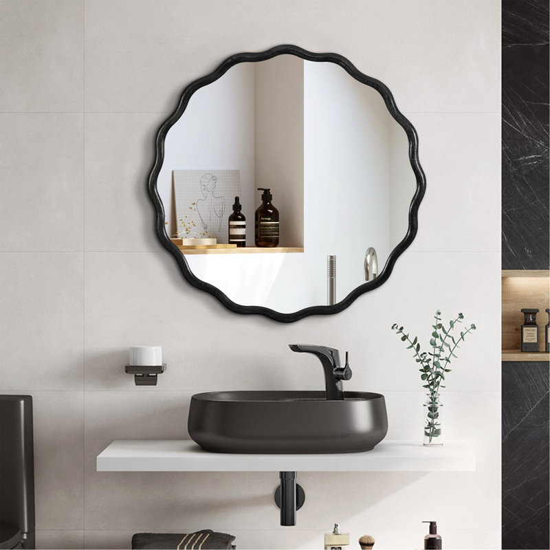 Miroir ondulé en bois massif exquis pour la décoration de la salle de bain et de la chambre à coucher, Noir, 36 po x 36 po