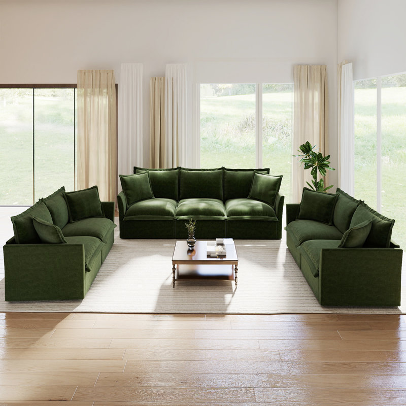 Ensemble de salon, canapé, pour le salon, 3 Pcs: 2 Loveseats, Sofa, Green Chenille