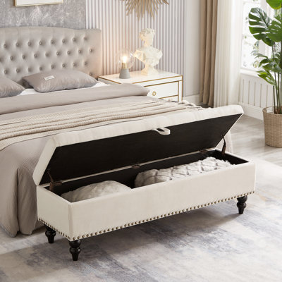 Banc de rangement 59 po en tissu beige. Multifonctionnel pour la chambre à coucher, le salon, le couloir. Style contemporain avec dessus. Pieds en bois massif. Facile à installer. Poids 47,3 lb. Capacité du lit: 500 lb