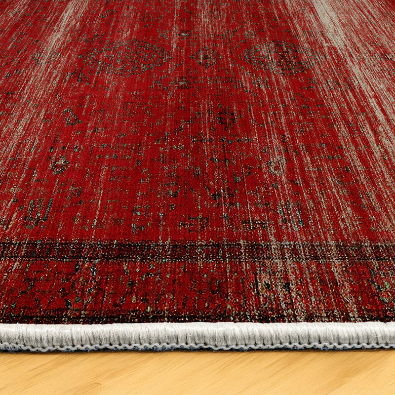 Guria Red/Beige Oriental Vintage Look Machine Printed Cotton Chenille Area Rug, Rectangle 3'4" x 6'7"