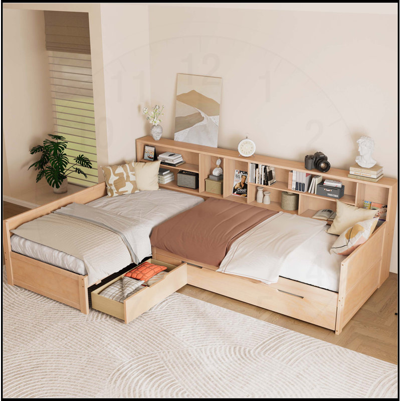 Lit de jour simple en L en forme de lit simple avec lit gigogne sous le lit et tiroir de rangement, cadre de lit d'angle polyvalent avec bibliothèques pour 3