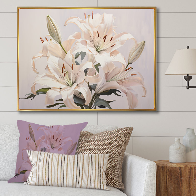 Lys blancs en fleur II sur toile, H 16 po x l 32 po x P 1 po, Cadre flottant doré