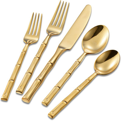 20-Piece Stainless Steel Flatware Set With Bamboo Pattern Handle, Mirror Polished Gold Silverware For Home, Wedding, And Housewarming Gift