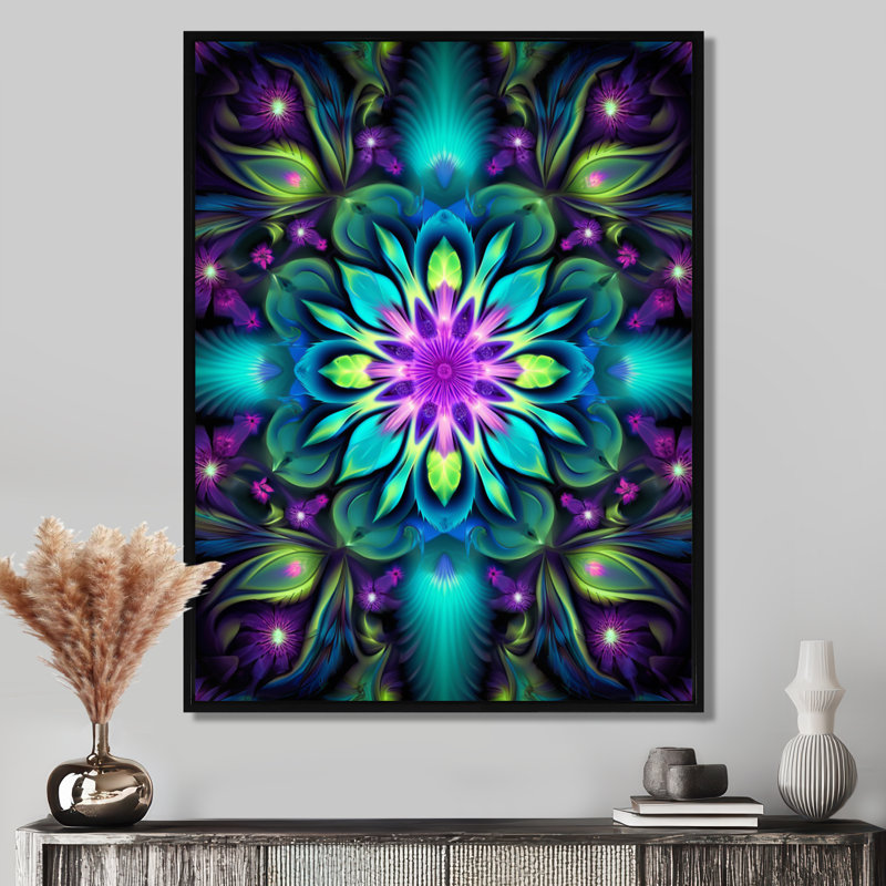 Décoration murale turquoise néon fractal II - Boho Mandala, Toile avec cadre flottant noir, H 20 po x l 12 po x P 1 po