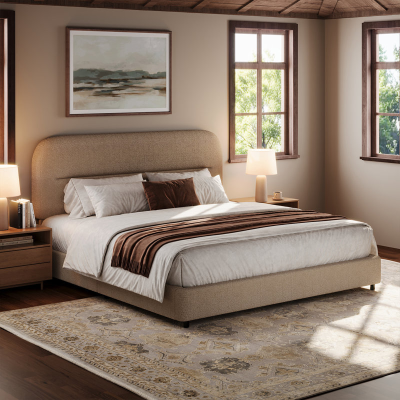 Base de lit plateforme Manfrid, collection Cloud avec revêtement Boucle et tête de lit arrondie, pied de lit épaissi, Beige