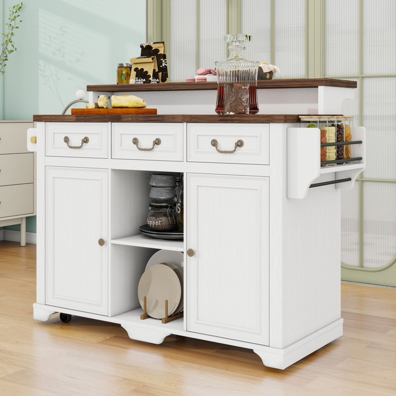Chariot d'îlot de cuisine à deux niveaux avec roues cachées, rangement réglable et station de charge intégrée, Blanc