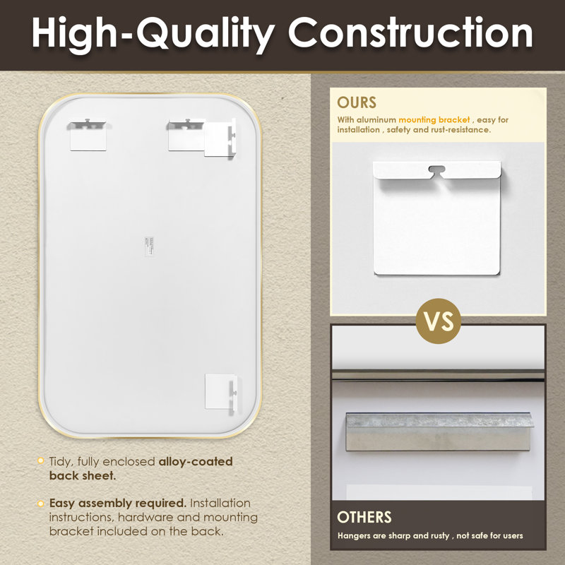 Trielle Rectangular Aluminum Framed Modern Bathroom Wall Mirror, 29.5" x 48", Brushed Gold
