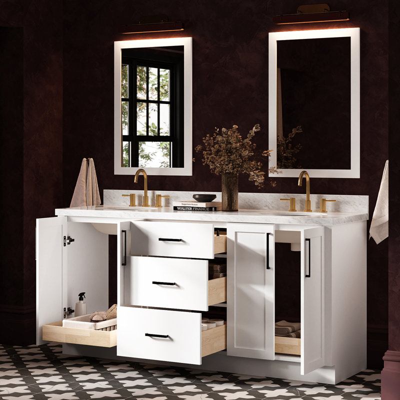 Meuble-lavabo ovale double de 185 cm avec comptoir en marbre blanc de Carrare de 3,8 cm d'épaisseur., Ovale, Blanc