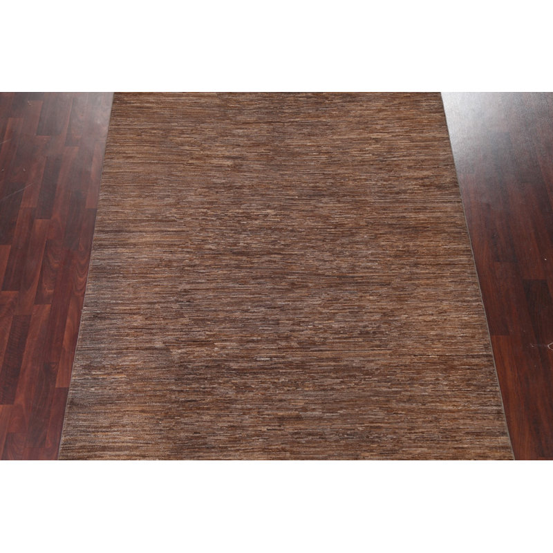 Tapis brun en laine noué à la main de conception unique 6 pi 6 po x 9 pi 7 po New Age