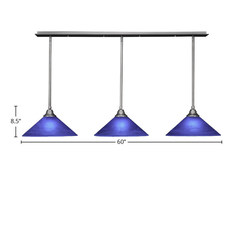 3 Light Stem Hung Linear Pendalier Shown With 16" Blue Italian Glass, Brushed Nickel