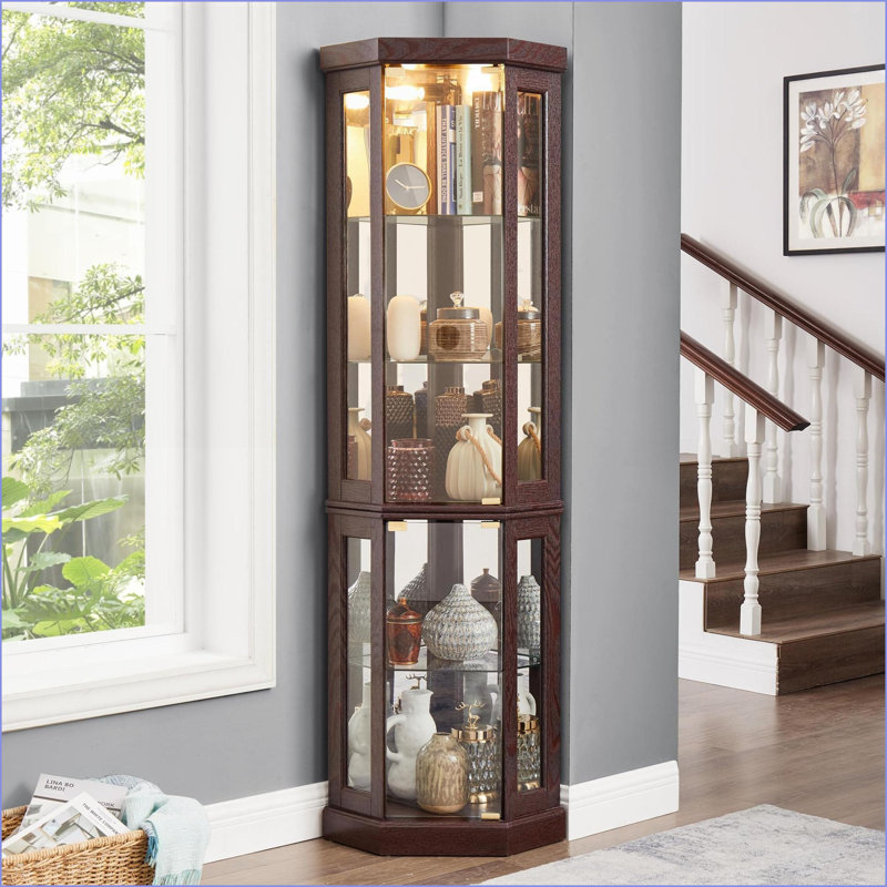 Cabinets Dark Cherry Corner Curio with Lights Adjustable Shelves 69.84"H x15.31"W x15.31"D | Traditional | Living Room
