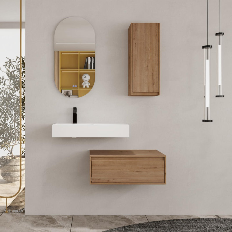 Meuble-lavabo mural 30 po avec lavabo en résine et armoire latérale, tiroir à fermeture en douceur