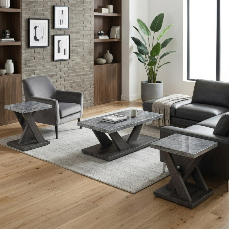 Ensemble de tables basses 3 pièces Brenda, plateau en faux marbre et bois gris Brenda