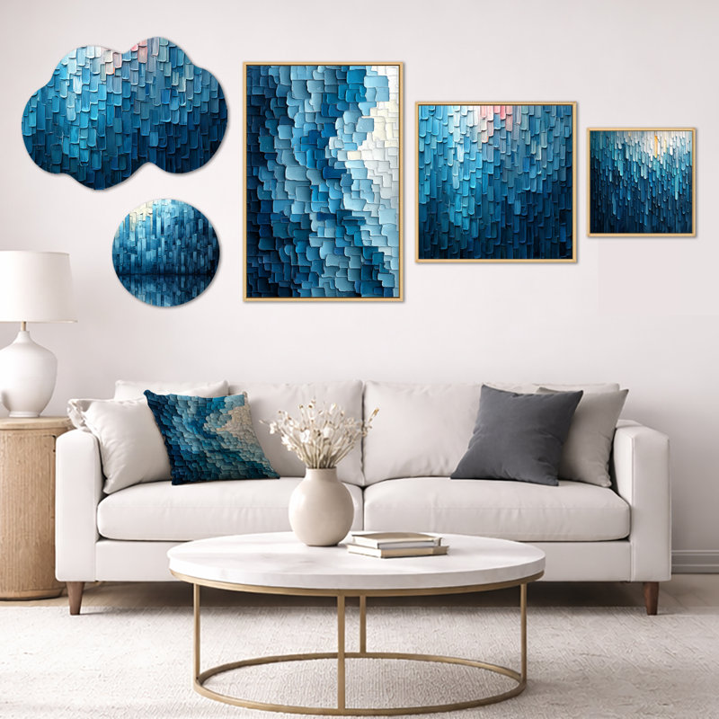 «Blue Cubic Matrix V», ensemble de 5 décorations murales abstraites sur toile et métal (100 po x 40 po)