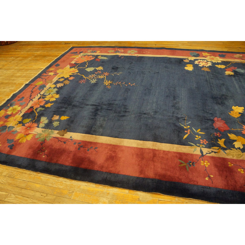 Antique Navy Blue Field Color Floral Art Deco Chinese Allover Rug