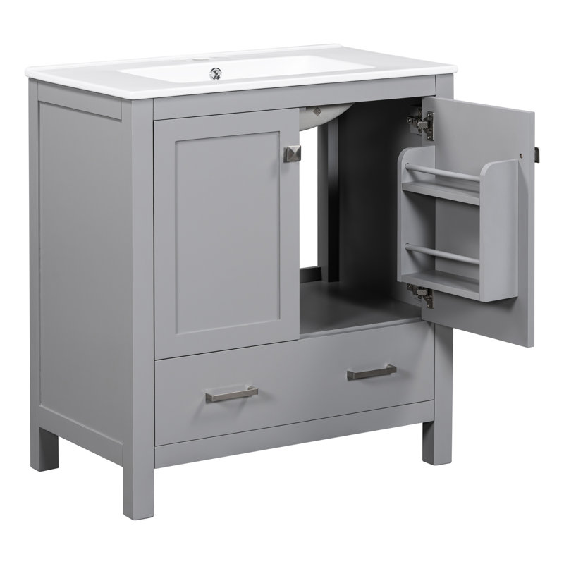 Meuble-lavabo gris 60 po avec lavabos doubles en céramique et tablette spacieuse - meuble de rangement élégant