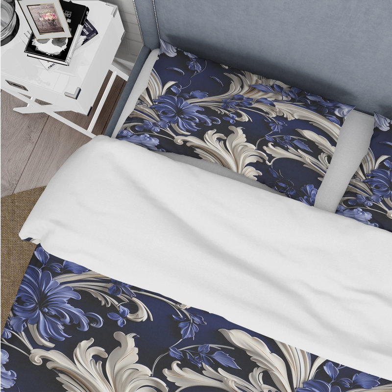 Ensemble de housse de couette Cobalt Blue Baroque Scrolls Victorian, Housse de couette pour grand lit et 2 taies décor