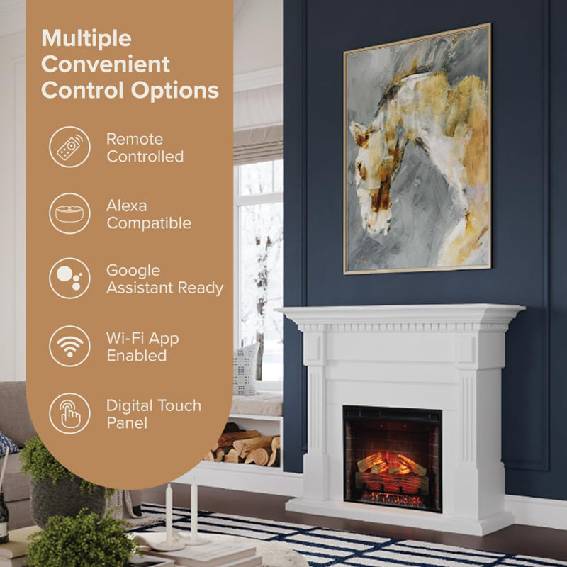 Modern Ember Augustine Mantel Package with 28" Electric Fireplace - Alexa & Google Asst Compatible, White