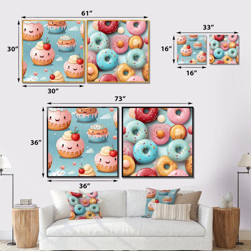 Ensemble de 2 reproductions d'art sur toile, "Beignet alimentaire" rose et bleu, Cadre flottant doré