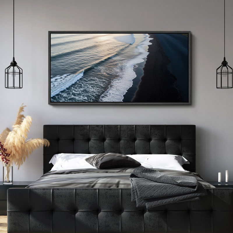 "Ocean Waves at Sunset", art mural sur toile - Photographie côtière sereine pour maison de plage ou espaces relaxants, Noir