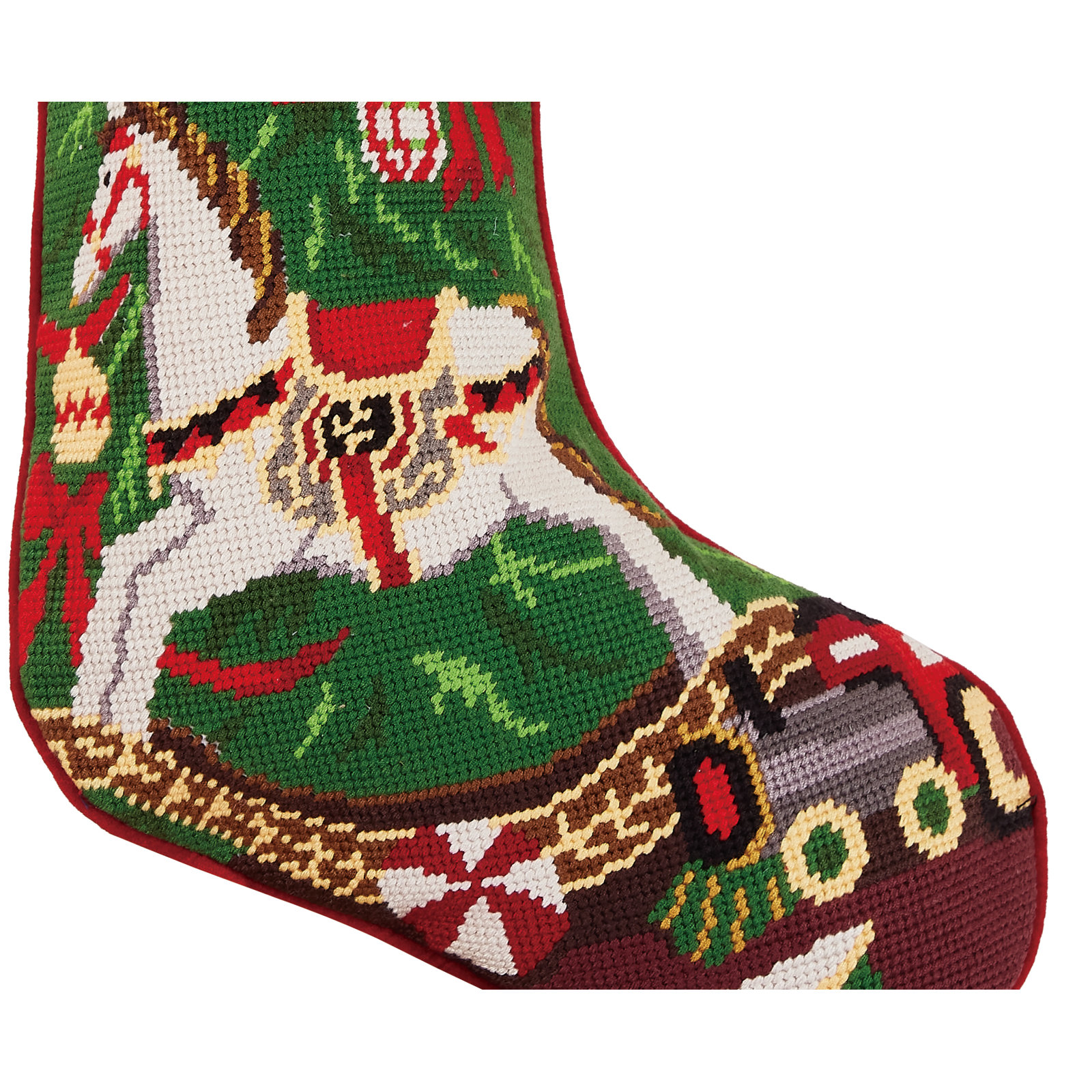 Holiday Rocking Horse Embroidered Needlepoint Stocking