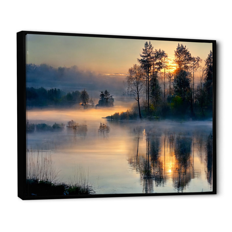 Rasheed Morning Fog over the Lake Sunset II - Print on Canvas, 24" H x 32" W x 1" D, Black Floater Framed