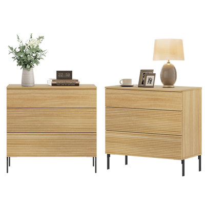 Union Rustic Modern Minimalist Wooden Nightstand Set Of 2,31.5" Large End Table With 3 Drawers,Reeded Design Bedside Table For Bedroom, Living Room,Entryway