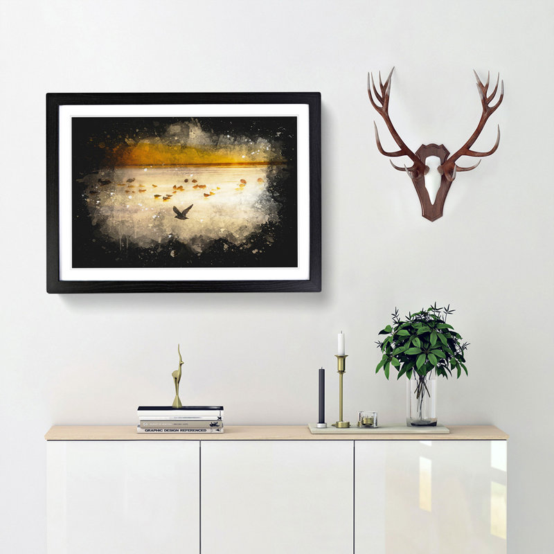 Birds On The Beach - Single Picture Frame Print on MDF, 62cm H x 87cm W x 2cm D, Black Framed