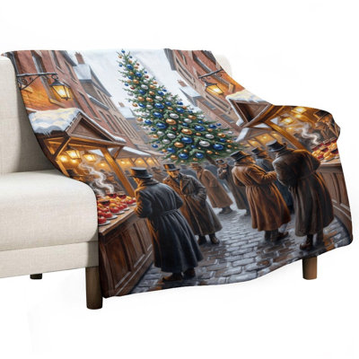 Vintage, scène de marché de Noël avec jeté en flanelle d'arbre et de luxe, couverture douce et chaude pour le canapé-lit du salon