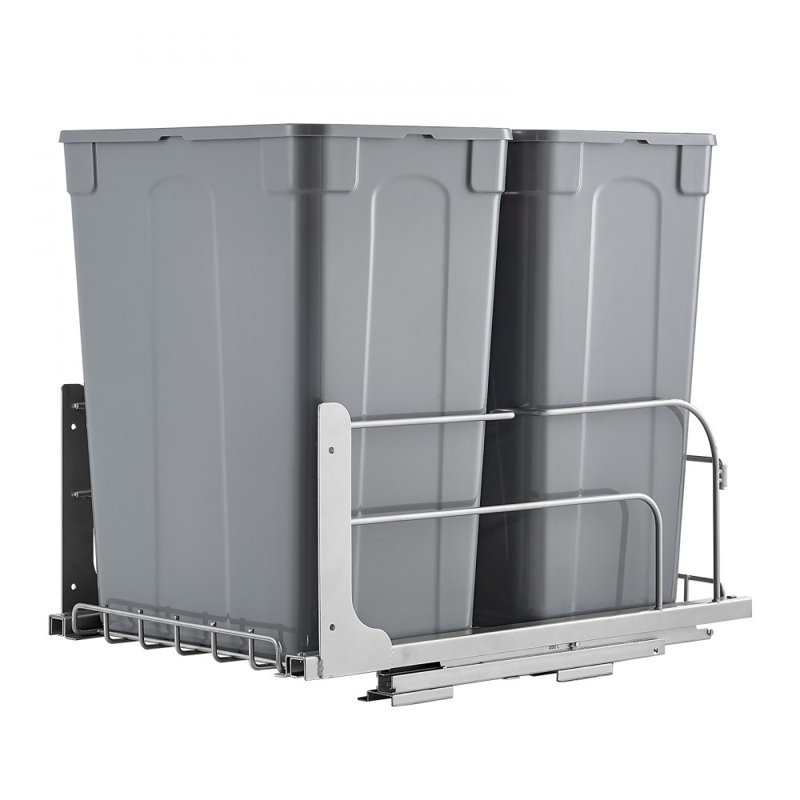 Pull-Out Trash Can, 35 QT x2 Double Under Mount Kitchen Waste Container, Heavy-Duty Garbage Recycling Bin with Door Kit and Soft Close Slide, Sink, Under Counter (Grey), Designed for Kitchen Cabinet