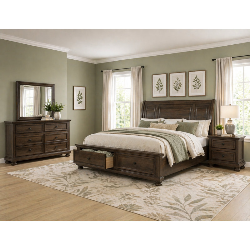 Ensemble de chambre à coucher moderne avec lit plateforme et rangement brun, 4 pièces, Grand lit