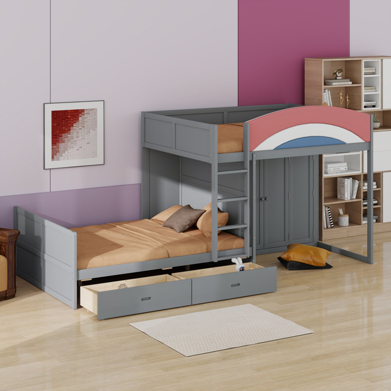 Lit superposé décalé avec garde-robe intégrée, tiroirs de rangement et garde-corps rembourré, Gris