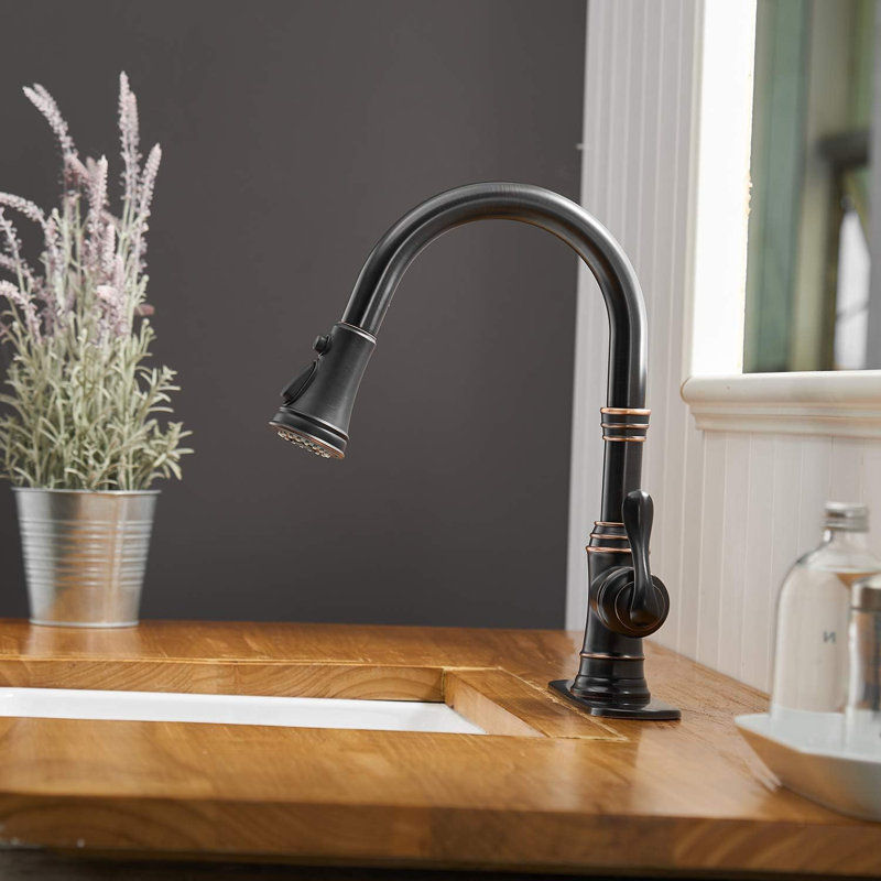 Robinet de cuisine rétractable à 3 jets avec plaque de pont, Bronze huilé