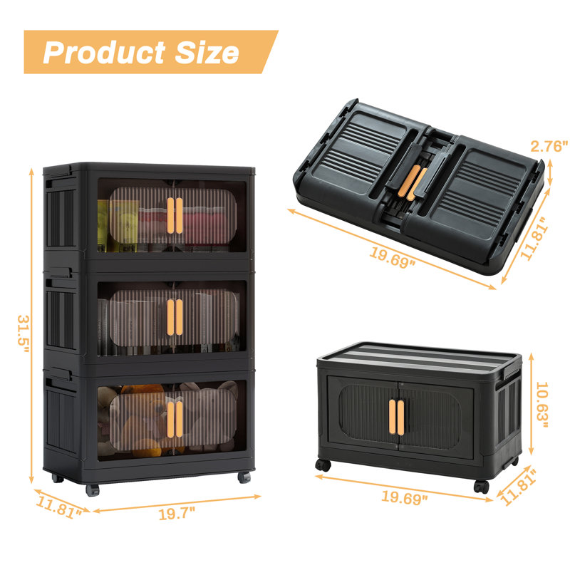 Foldable Palstic Storage Cabinet , Storage Bins With Locking Wheels And Magnetic Door