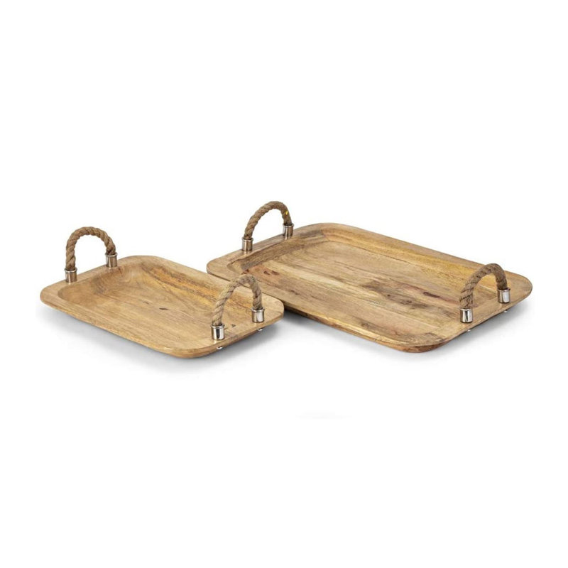 S/2 Tabari Wood Trays W/Jute Handle L19.5x14x2" S:14.5x10x1.5"