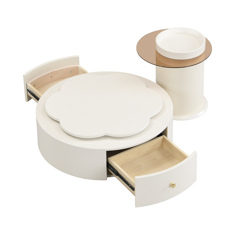 Modern Round Coffee Table Set Of 2 , 360-Degree Rotatable Flower-Shaped Top With 2 Drawers, Top Circle Side Table End Table With Glass For Living Room
