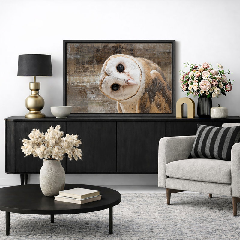 «Bird Bird Curious Owl Look» (Tyto Albahead), tête en gros plan sur toile, H 16 po x l 24 po, Impression encadrée, Noir