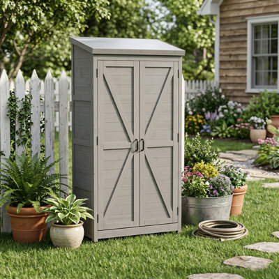 Remise de rangement en bois avec plateau en métal Roomfitter, grande armoire à outils verticale pour le jardin, la cour, le patio, l'extérieur, gris